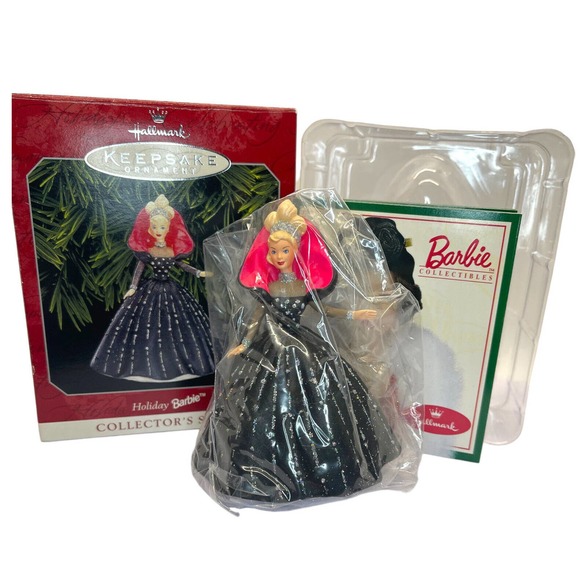 Holiday Barbie Doll Christmas Tree Ornament 1998 Hallmark Keepsake Black Dress - Picture 1 of 16